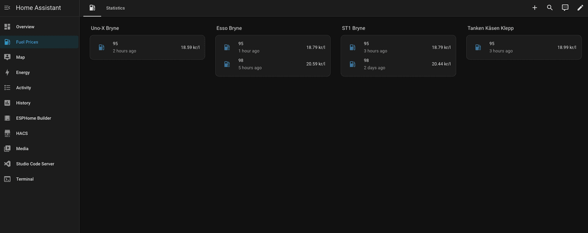 Home Assistant dashboard with custom Drivstoff-priser tab