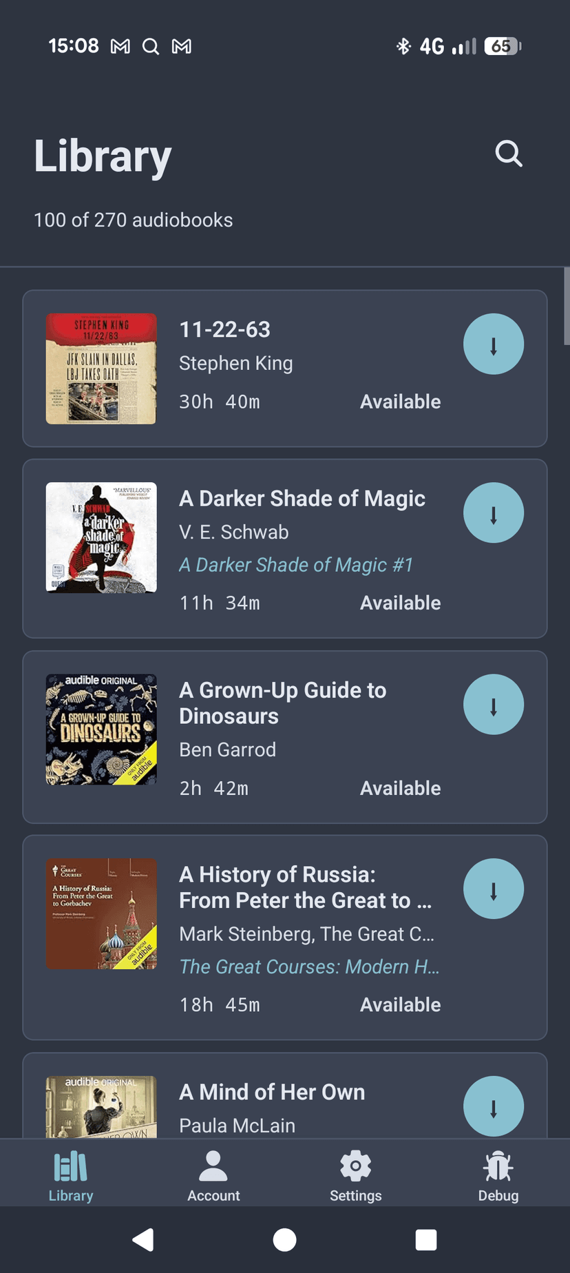LibriSync library screen — 100 of 270 audiobooks