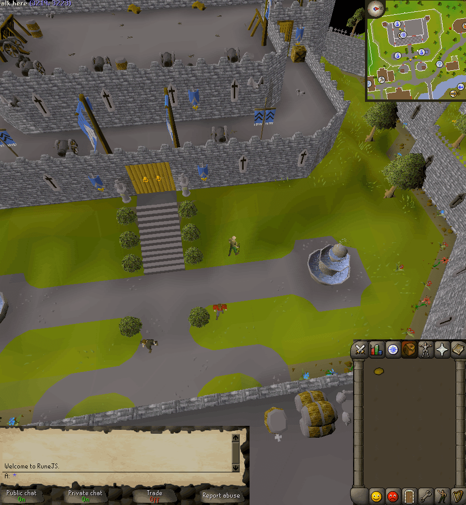 RuneJS server screenshot — Lumbridge castle, 'Welcome to RuneJS.' chatbox