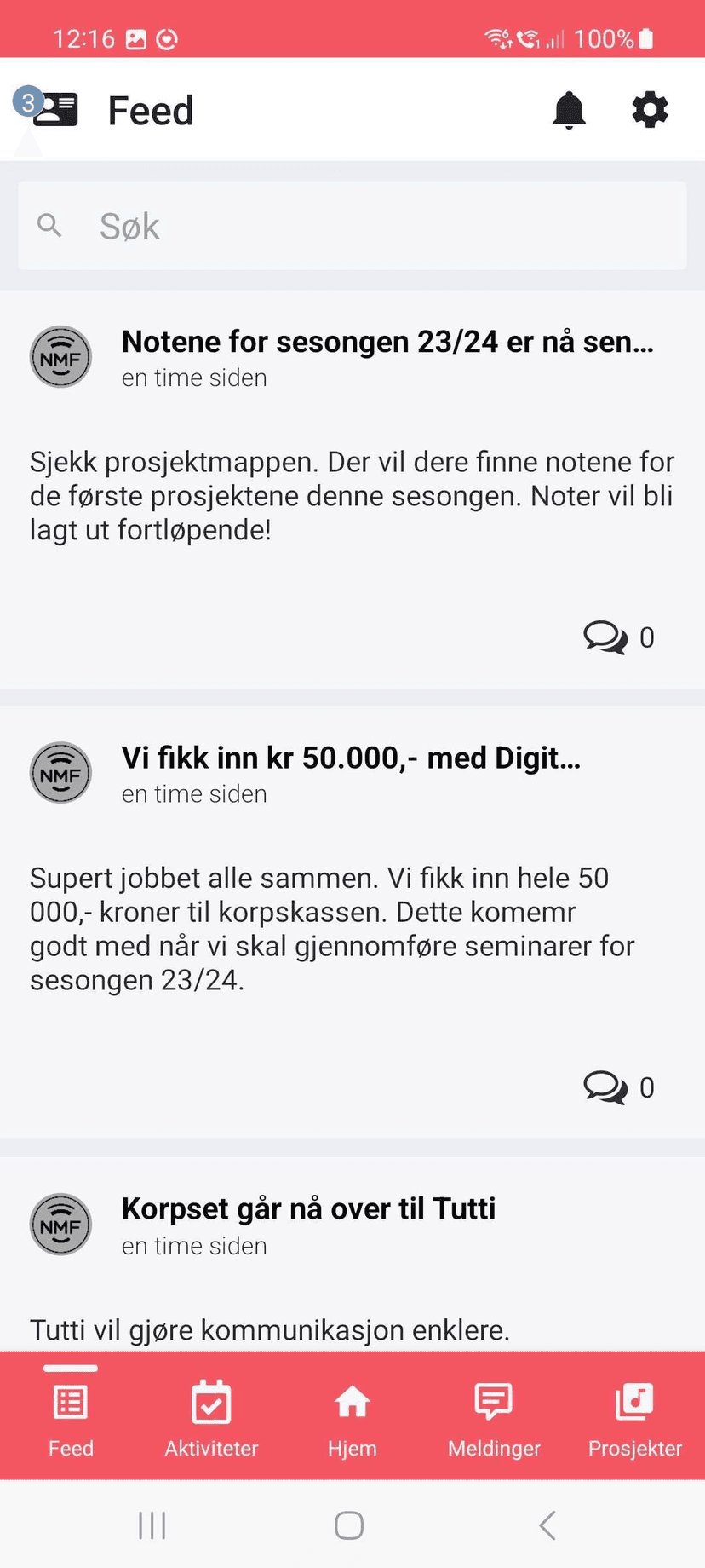 Tutti app — Feed view with NMF posts