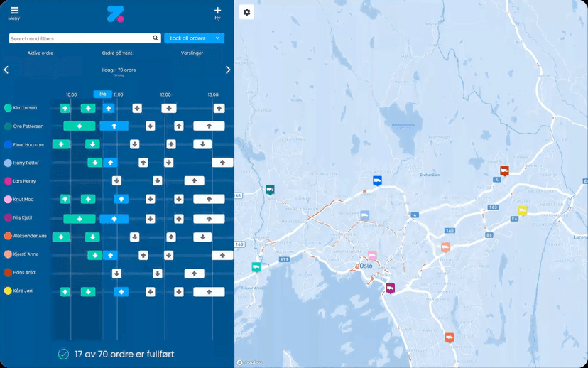 Zendera order & fleet web app — timeline grid + Mapbox
